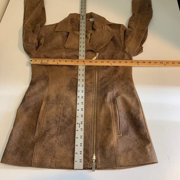 Chicos Jacket Womens 00 Brown Faux Suede Elongated Moto Zip Up Stretch Pockets - Picture 8 of 16